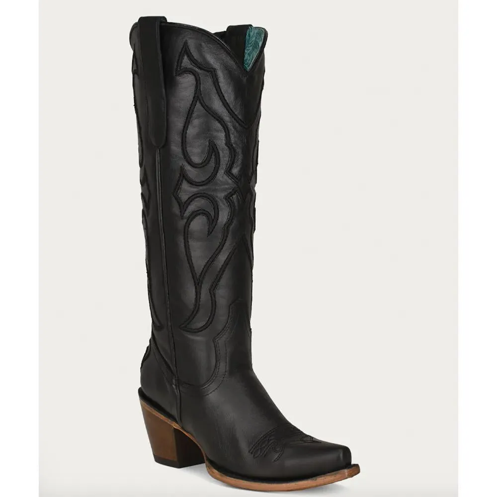 Black Embroidery Tall Top Snip Toe Cowboy Boot