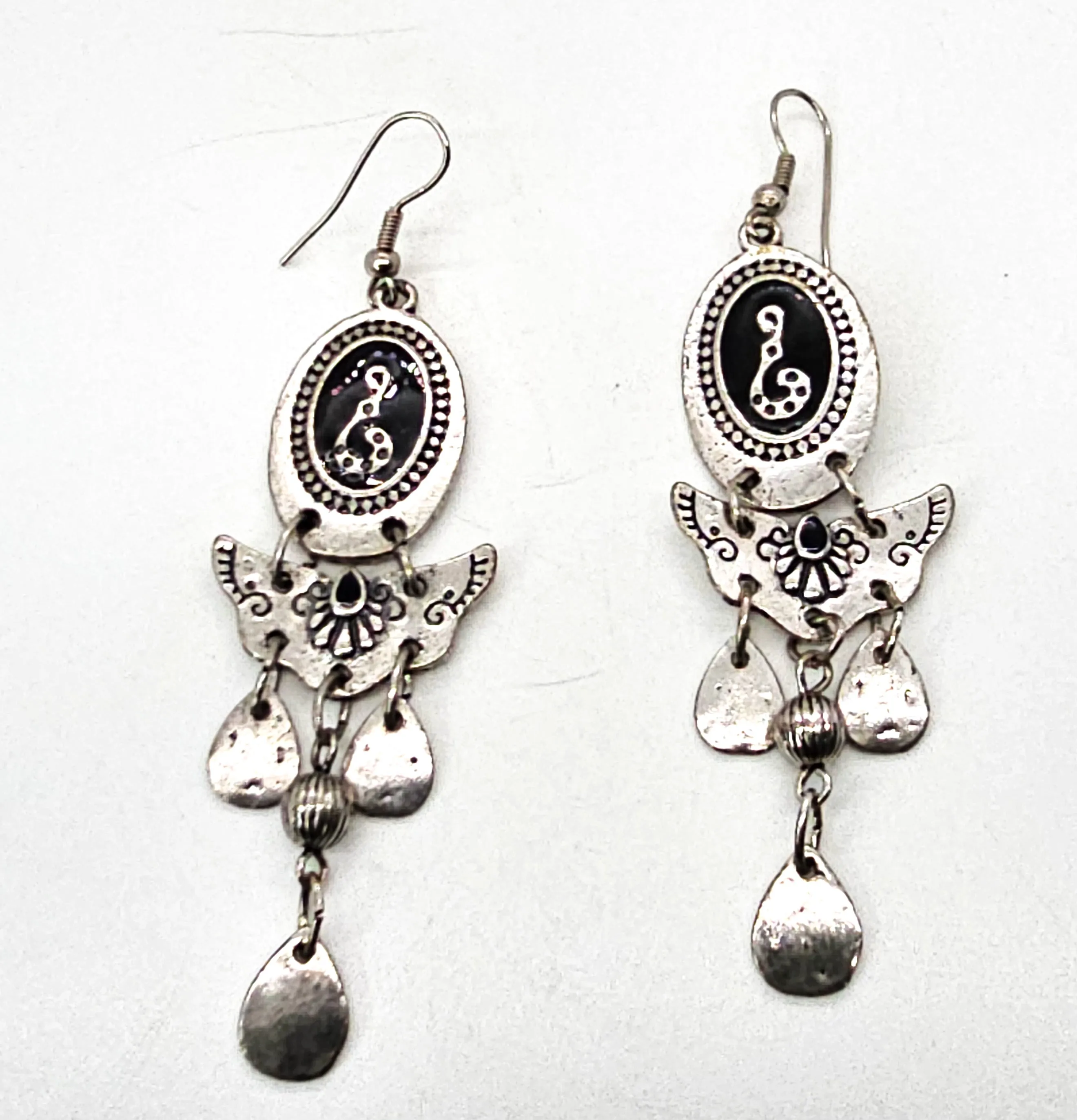 Black snake vintage long drop silver toned black enamel tribal earrings