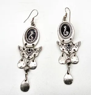 Black snake vintage long drop silver toned black enamel tribal earrings