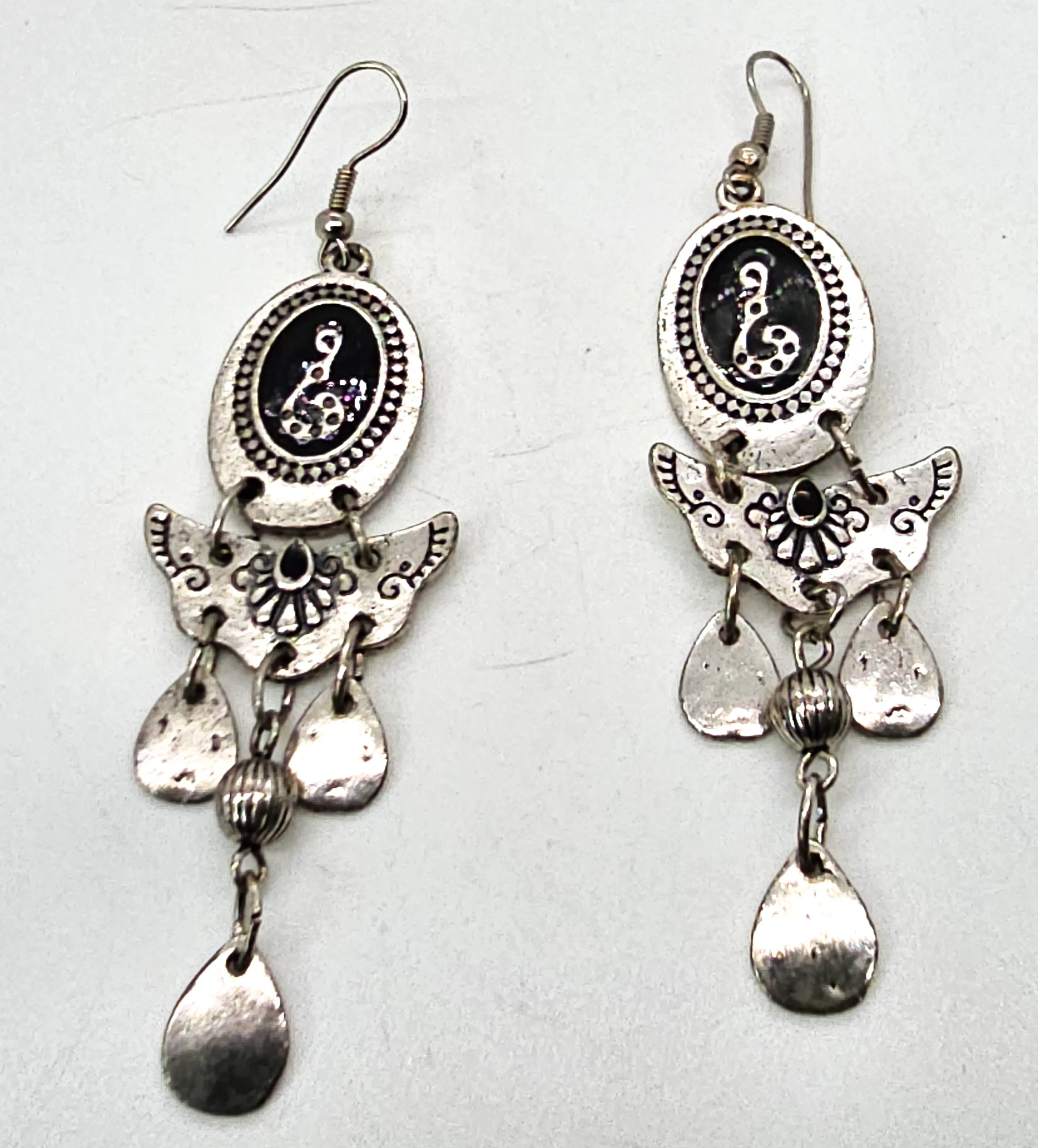 Black snake vintage long drop silver toned black enamel tribal earrings