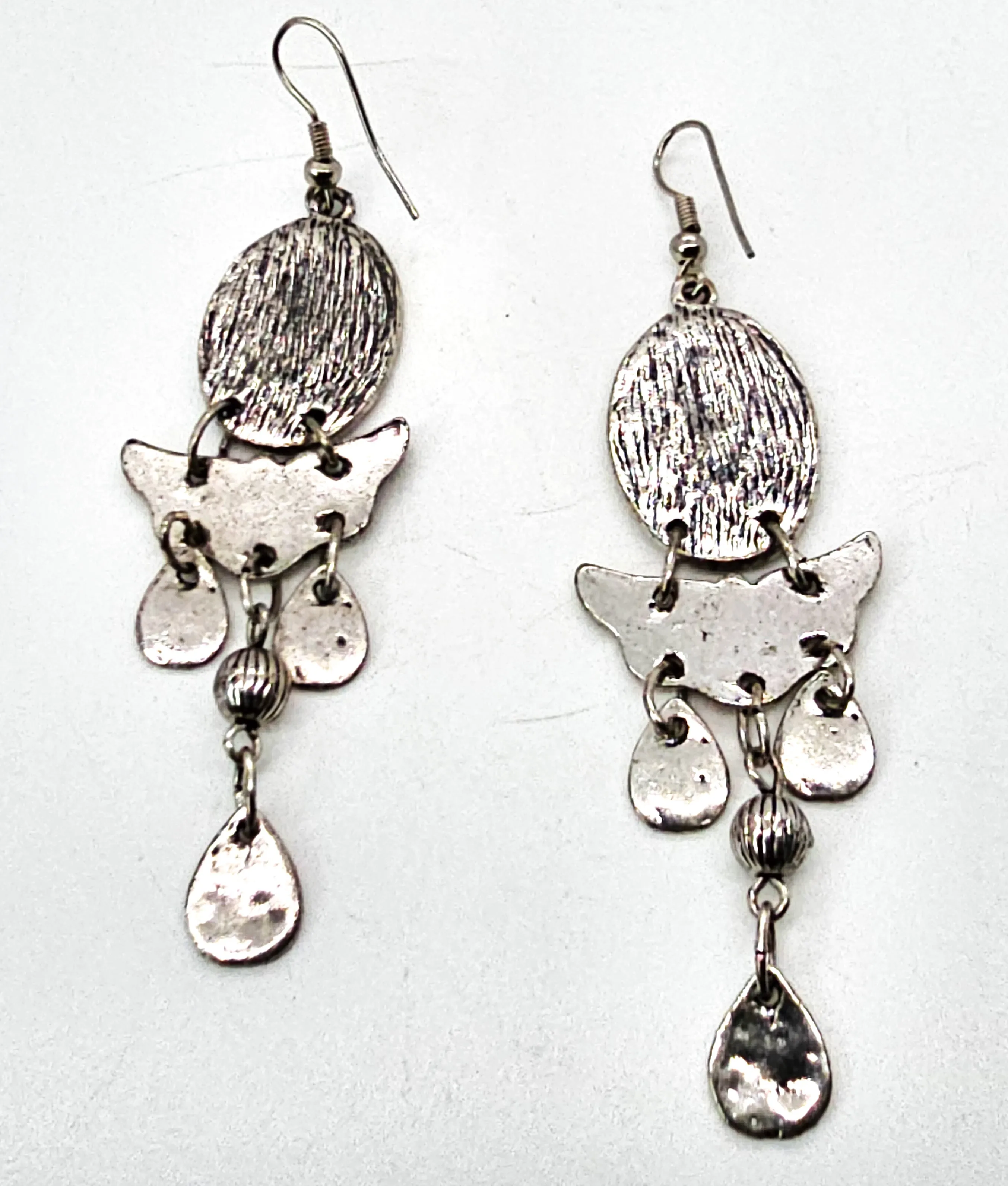 Black snake vintage long drop silver toned black enamel tribal earrings