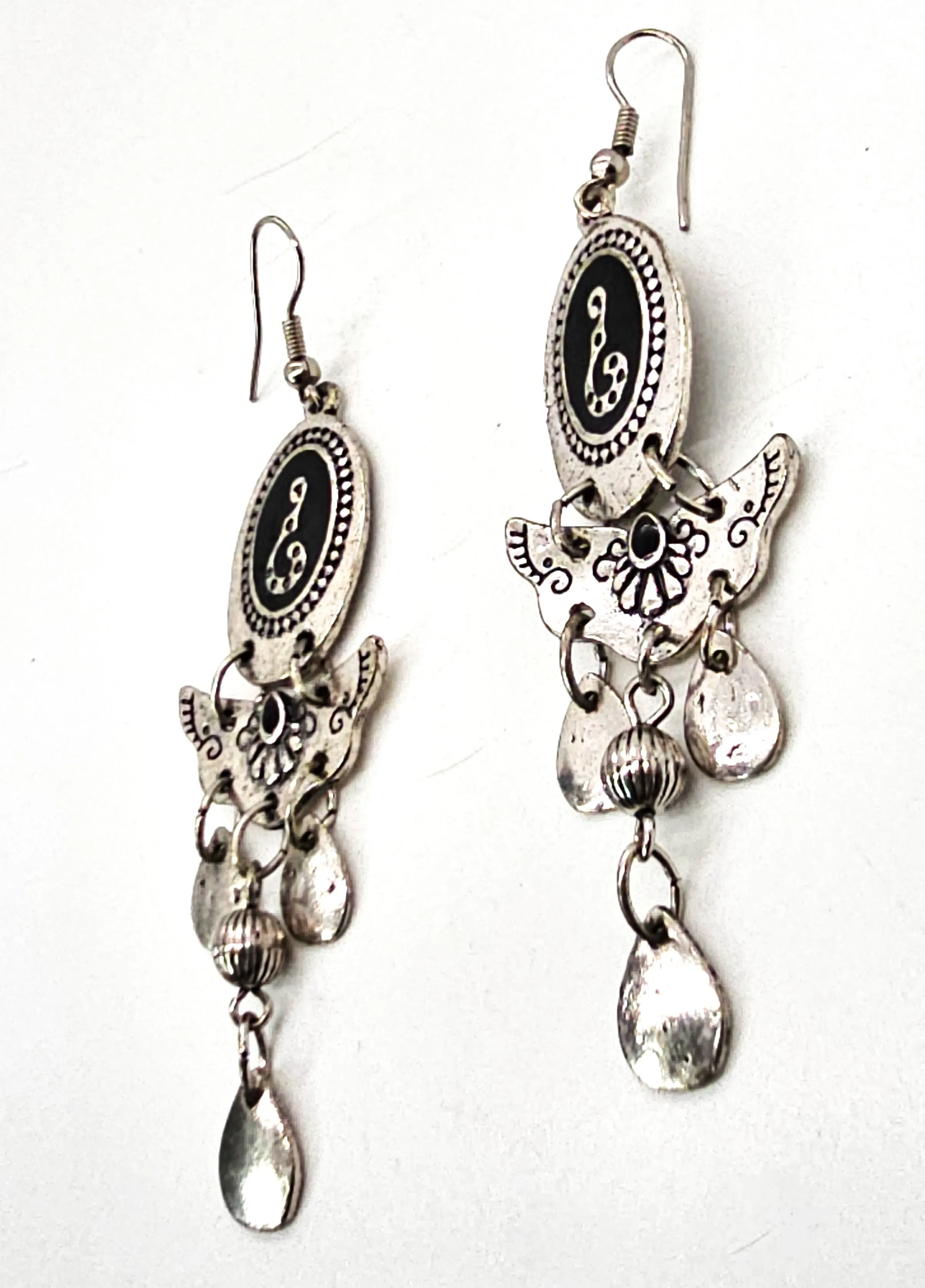 Black snake vintage long drop silver toned black enamel tribal earrings