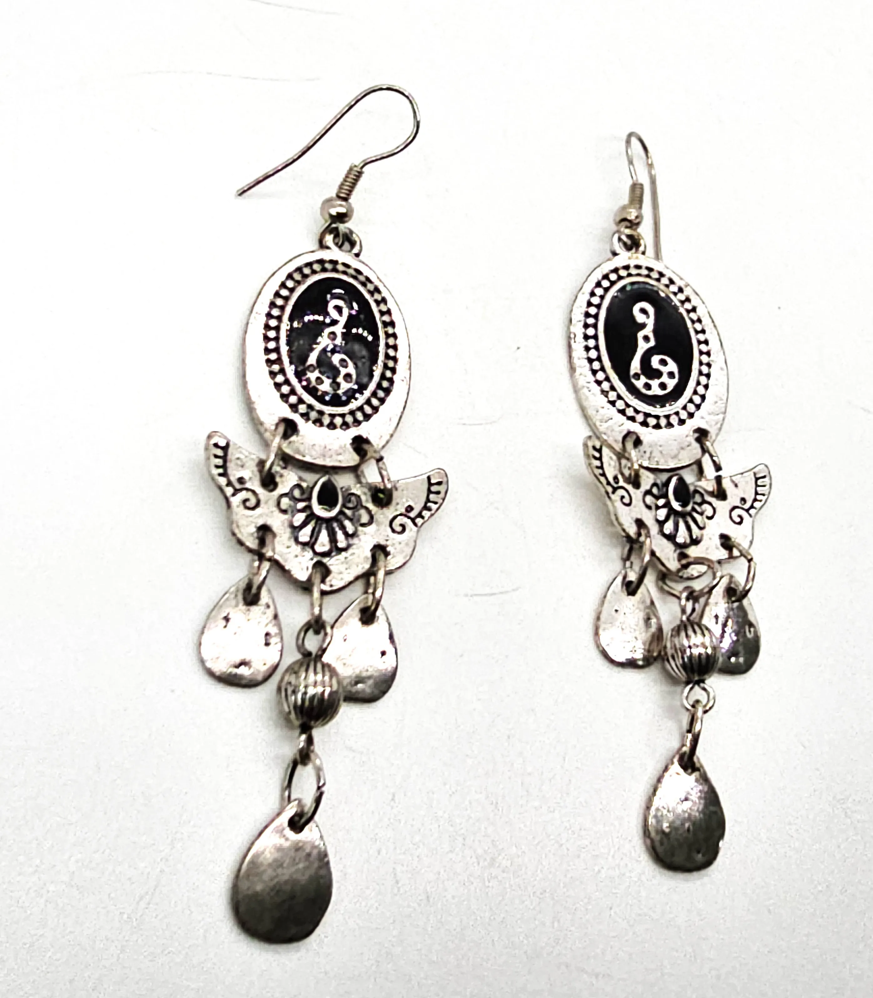 Black snake vintage long drop silver toned black enamel tribal earrings