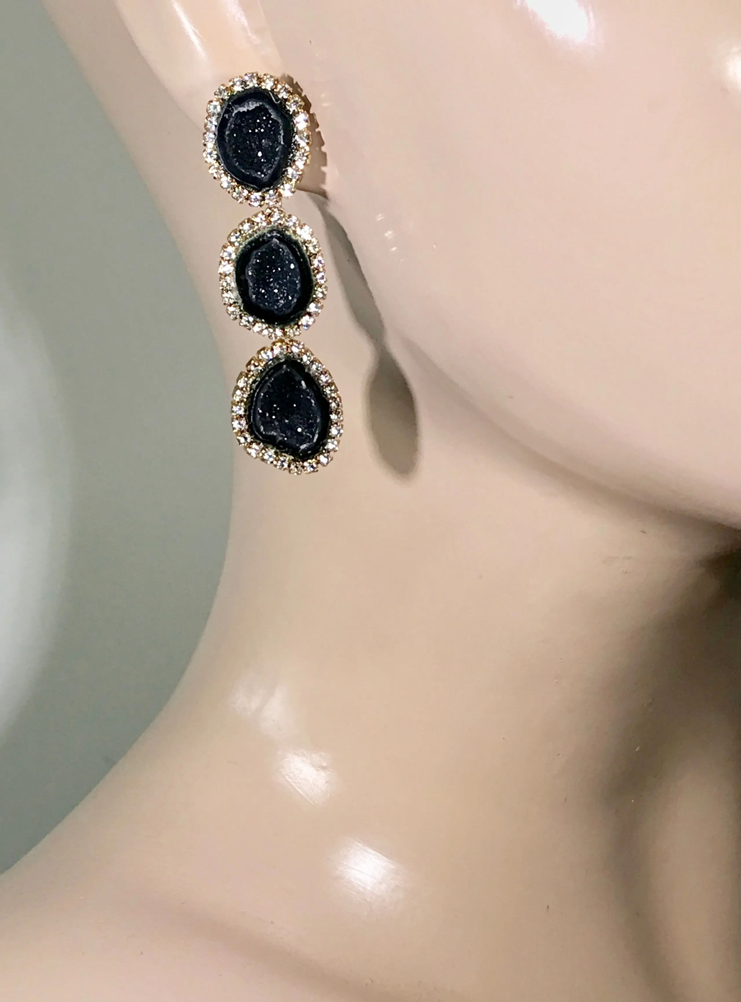 Black Tabasco Geode Triple Dangle Earrings