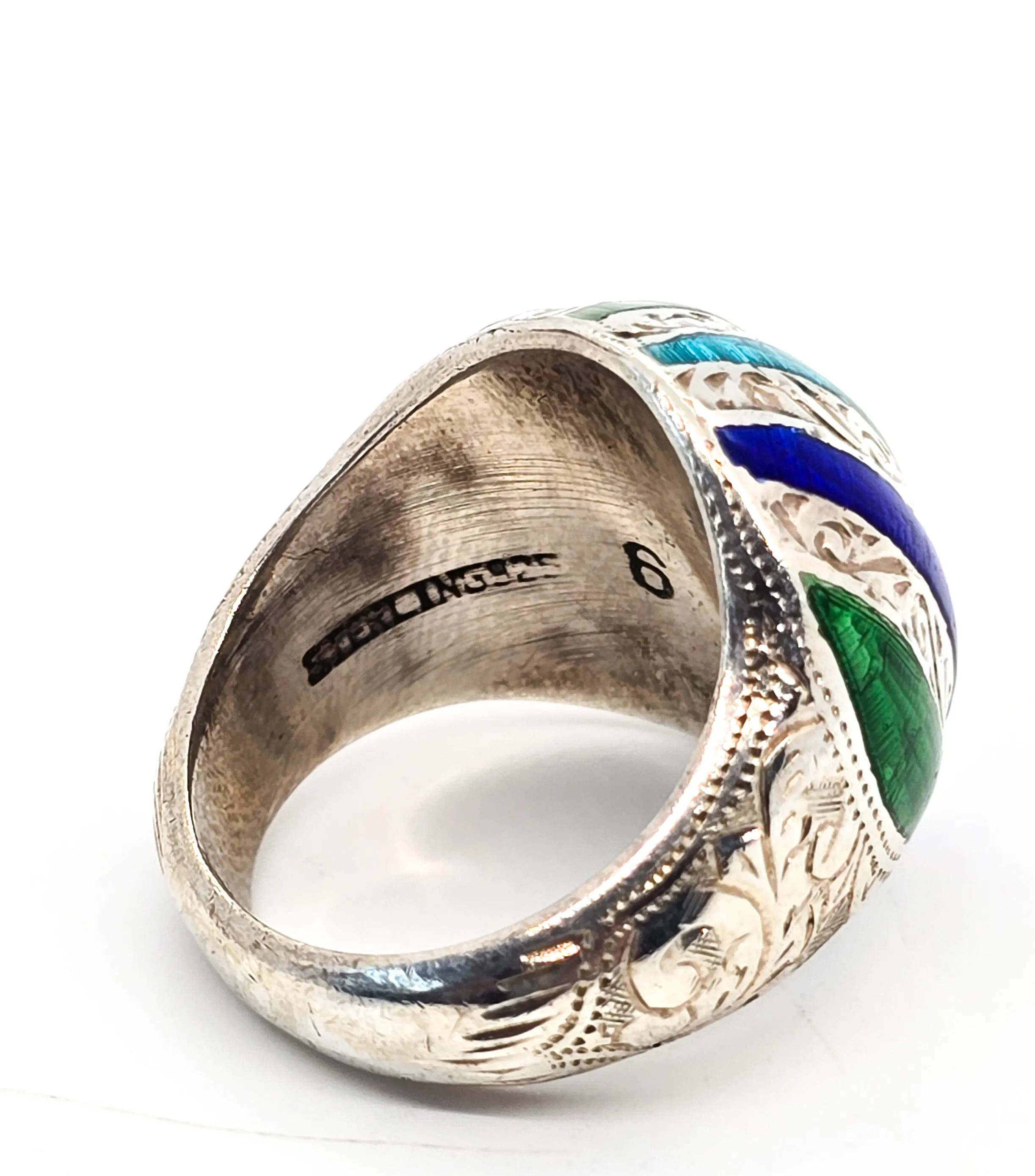 Blue and Green Guilloche enamel Domed hollow sterling silver vintage ring size 6