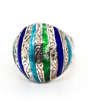 Blue and Green Guilloche enamel Domed hollow sterling silver vintage ring size 6