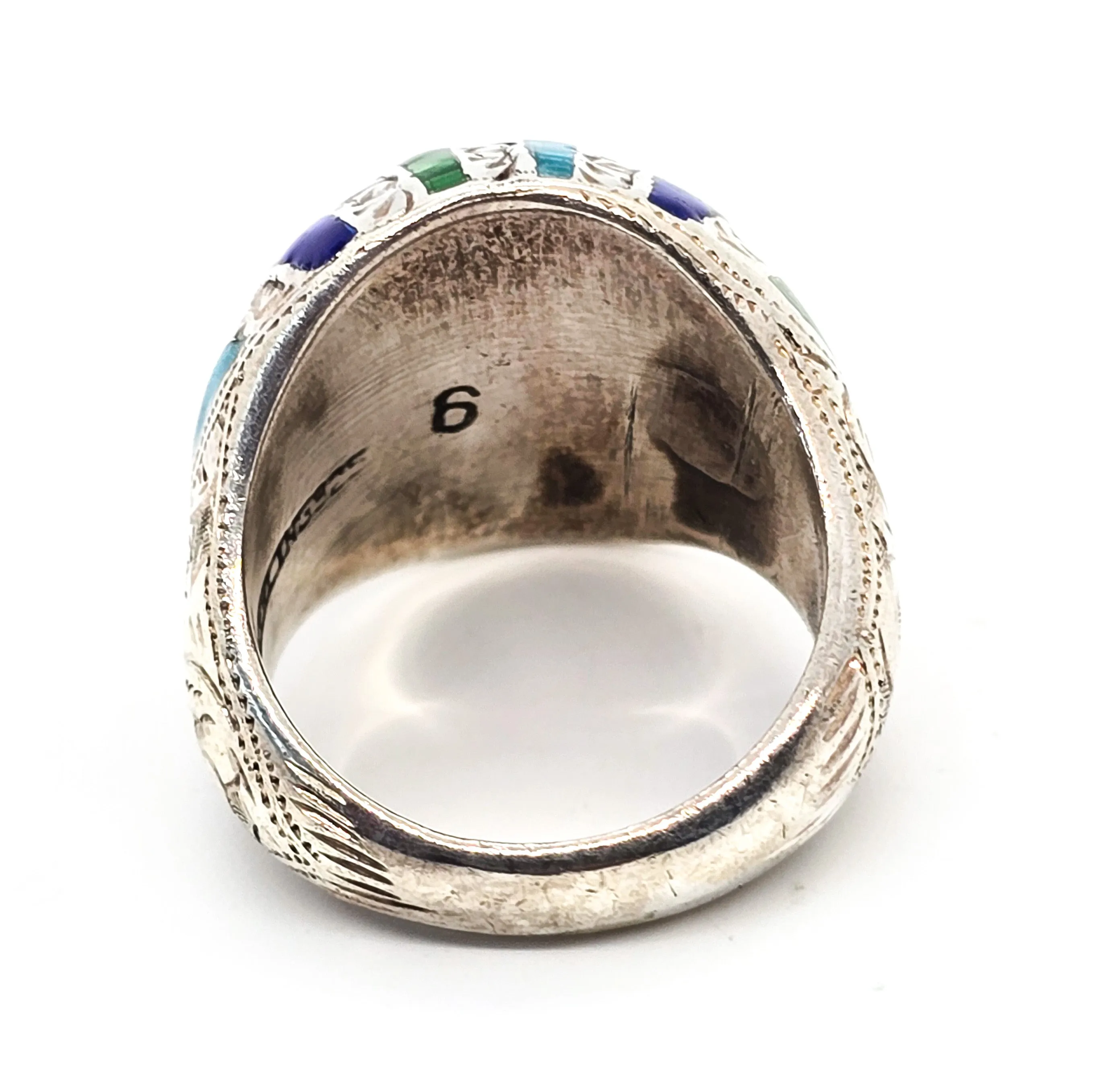Blue and Green Guilloche enamel Domed hollow sterling silver vintage ring size 6