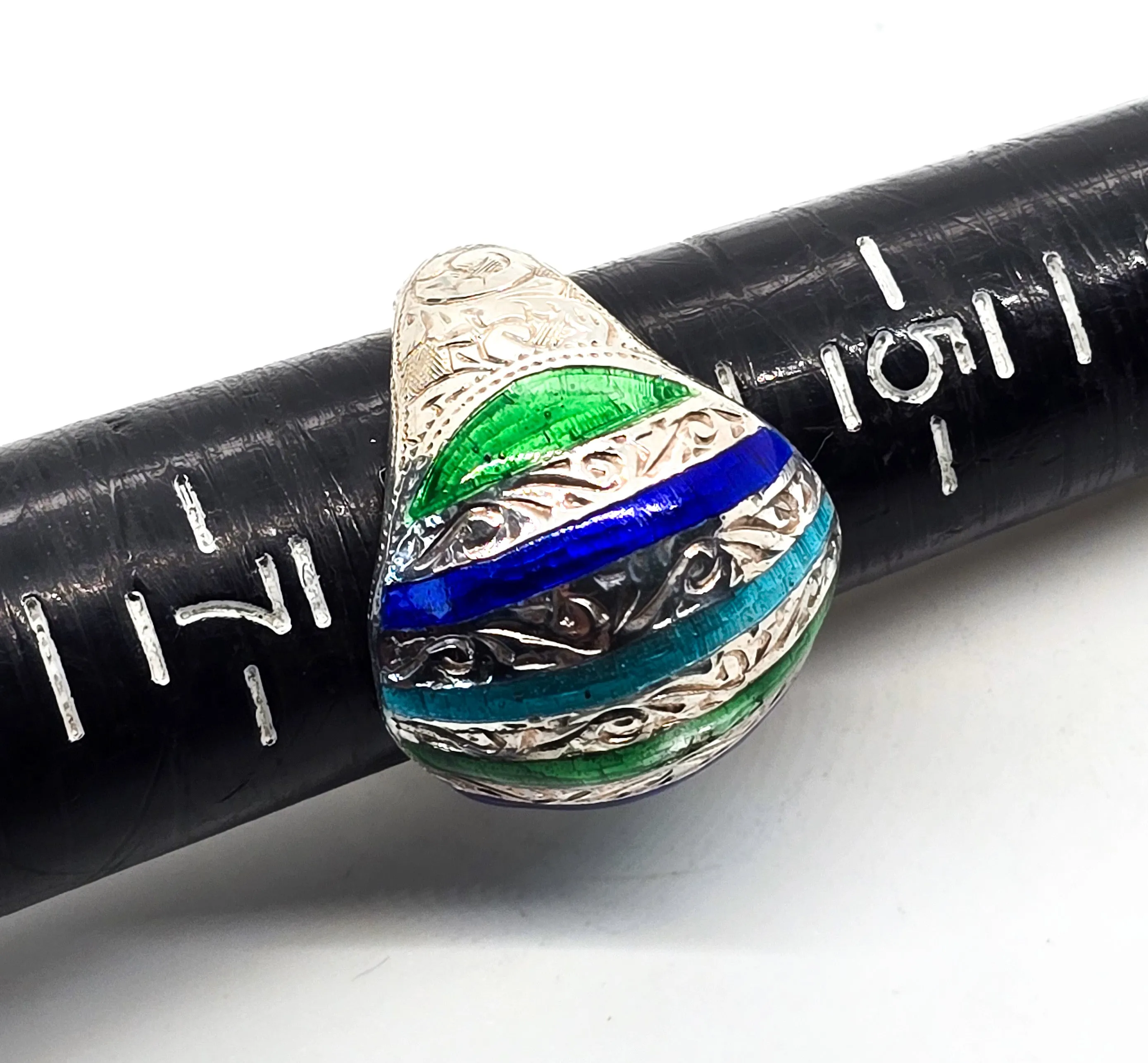 Blue and Green Guilloche enamel Domed hollow sterling silver vintage ring size 6