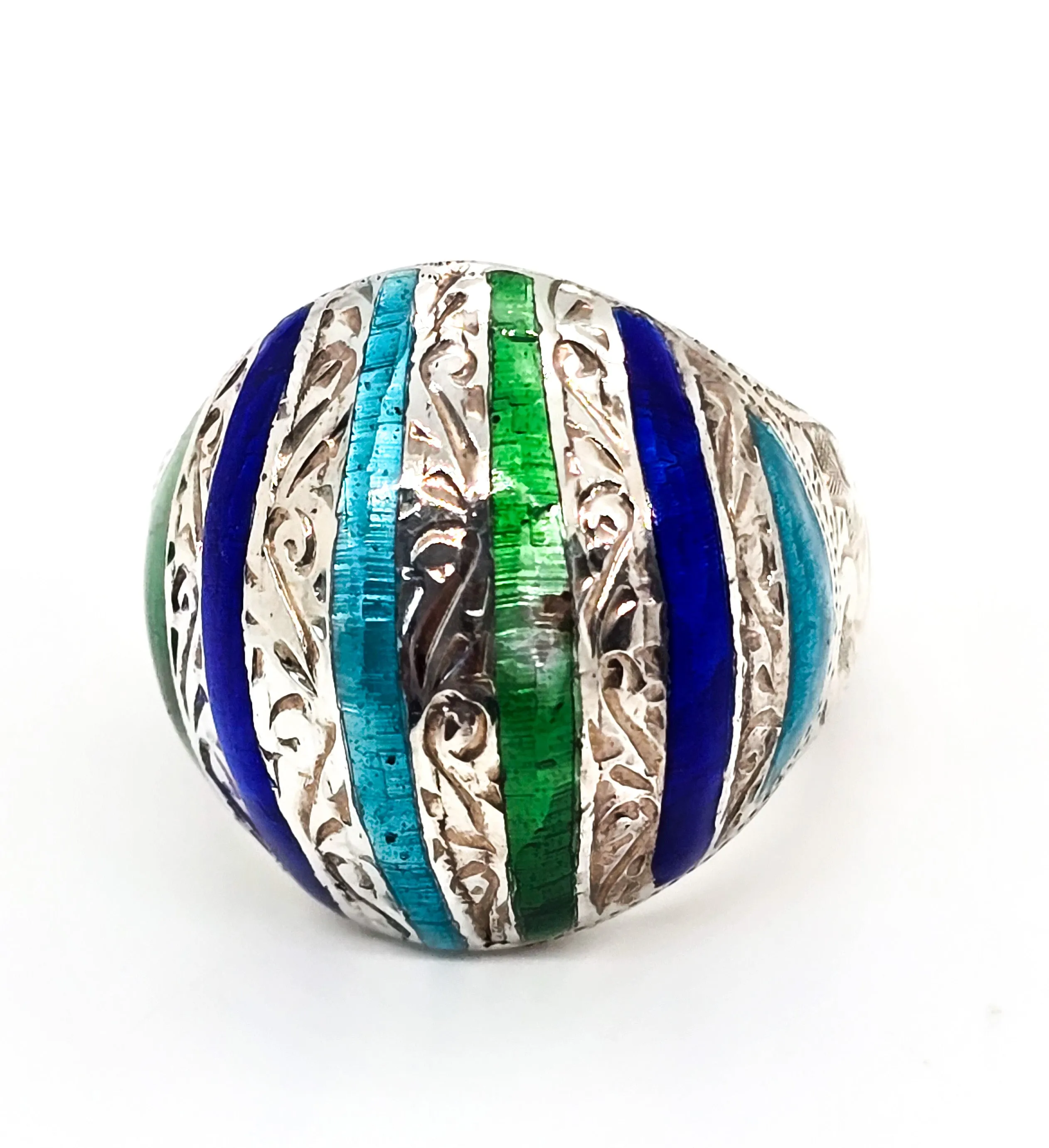 Blue and Green Guilloche enamel Domed hollow sterling silver vintage ring size 6