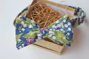 Blue and Green Lily of the Valley Floral Bow Tie