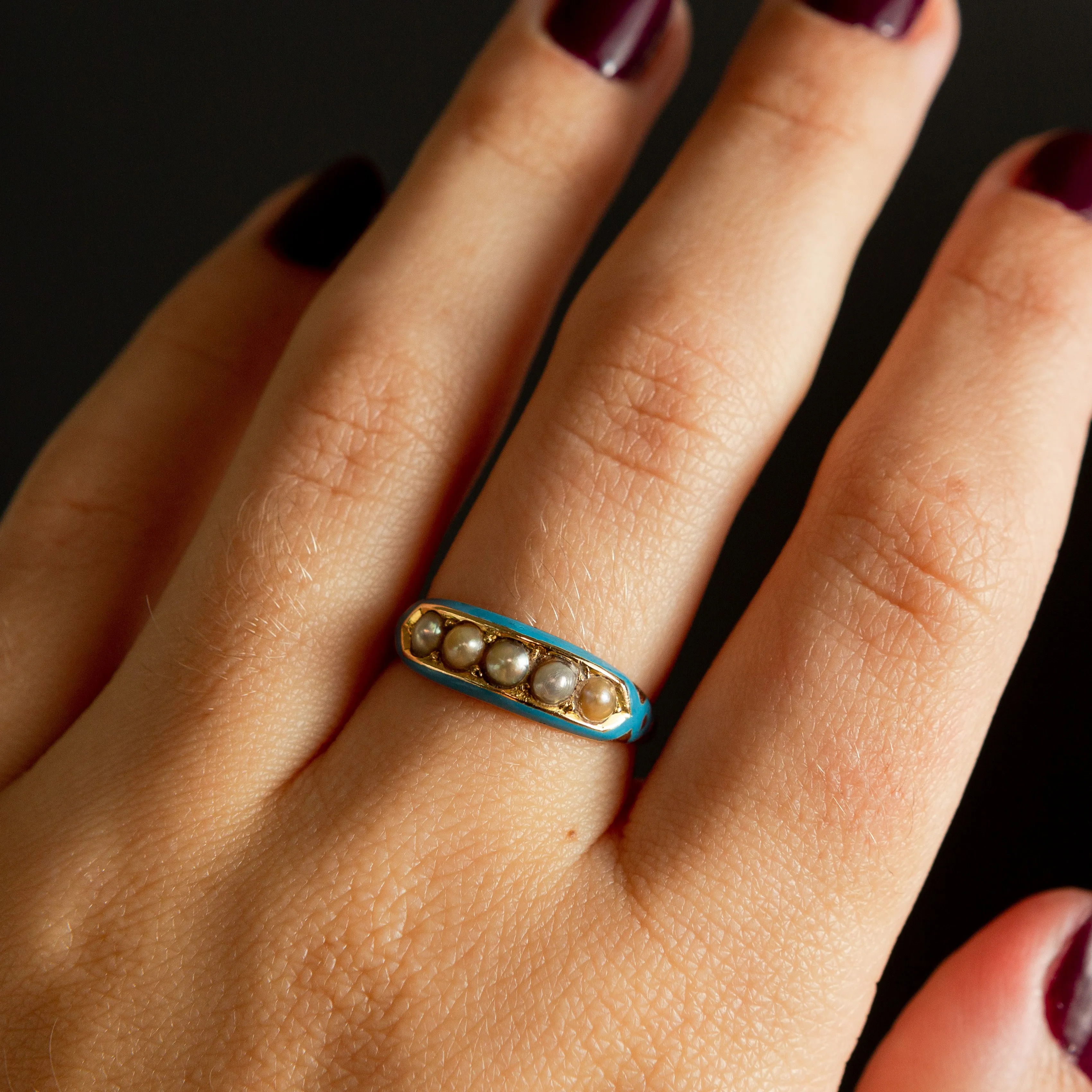 Blue Enamel   Pearl Ring | 14k Gold