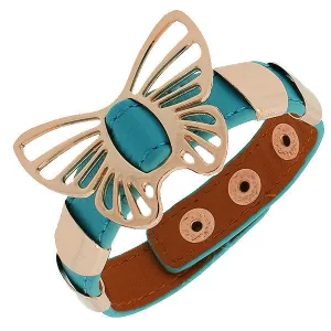 Blue Pu Leather Rose Gold-Tone Butterfly Snap Wristband Womens Girls Bangle Bracelet