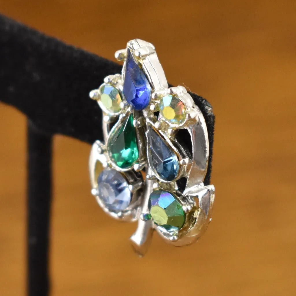 Blue Rhinestone Leaf Earrings