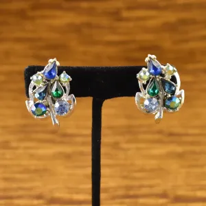 Blue Rhinestone Leaf Earrings