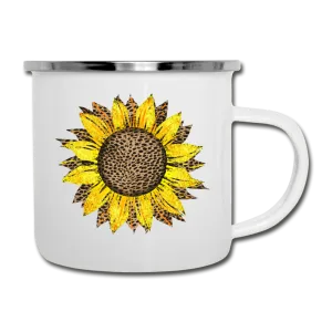 Cheetah Sunflower Design on White Enamel Camping Mug