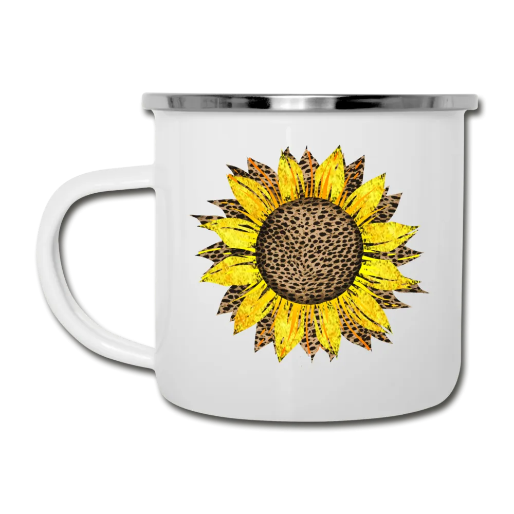 Cheetah Sunflower Design on White Enamel Camping Mug