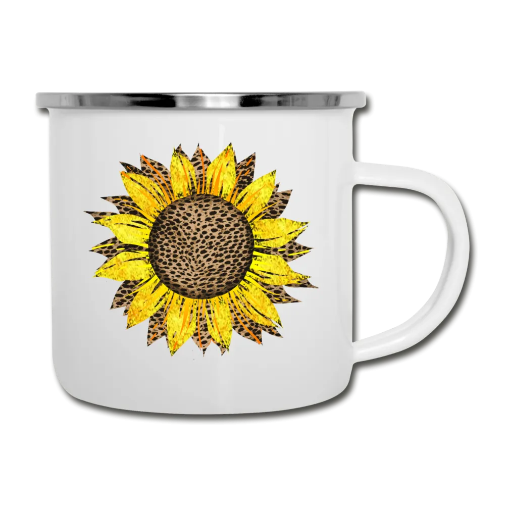 Cheetah Sunflower Design on White Enamel Camping Mug