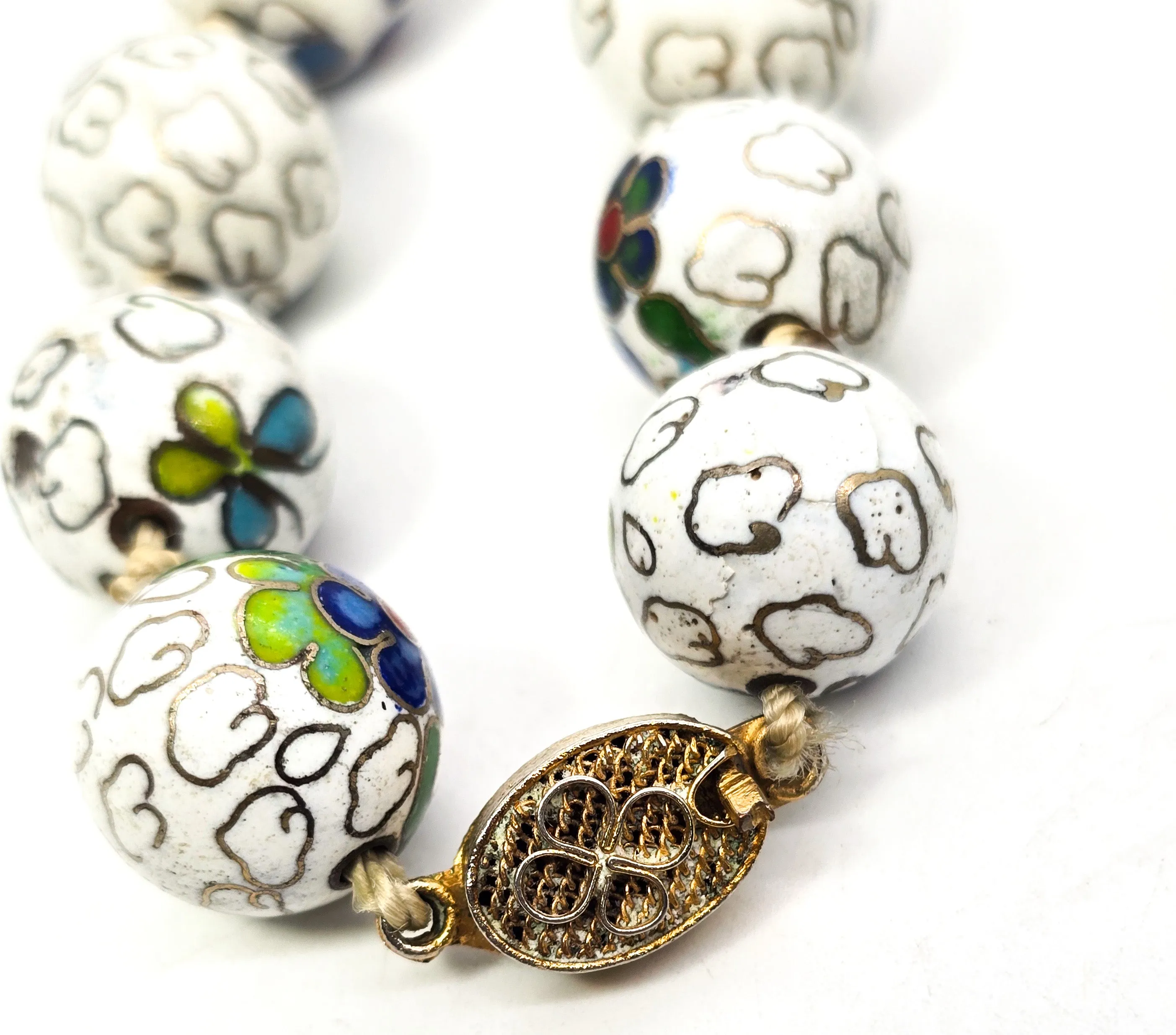 Chinese Cloisonne Enamel Knotted Floral Bead 36 inch filigree clasp Necklace