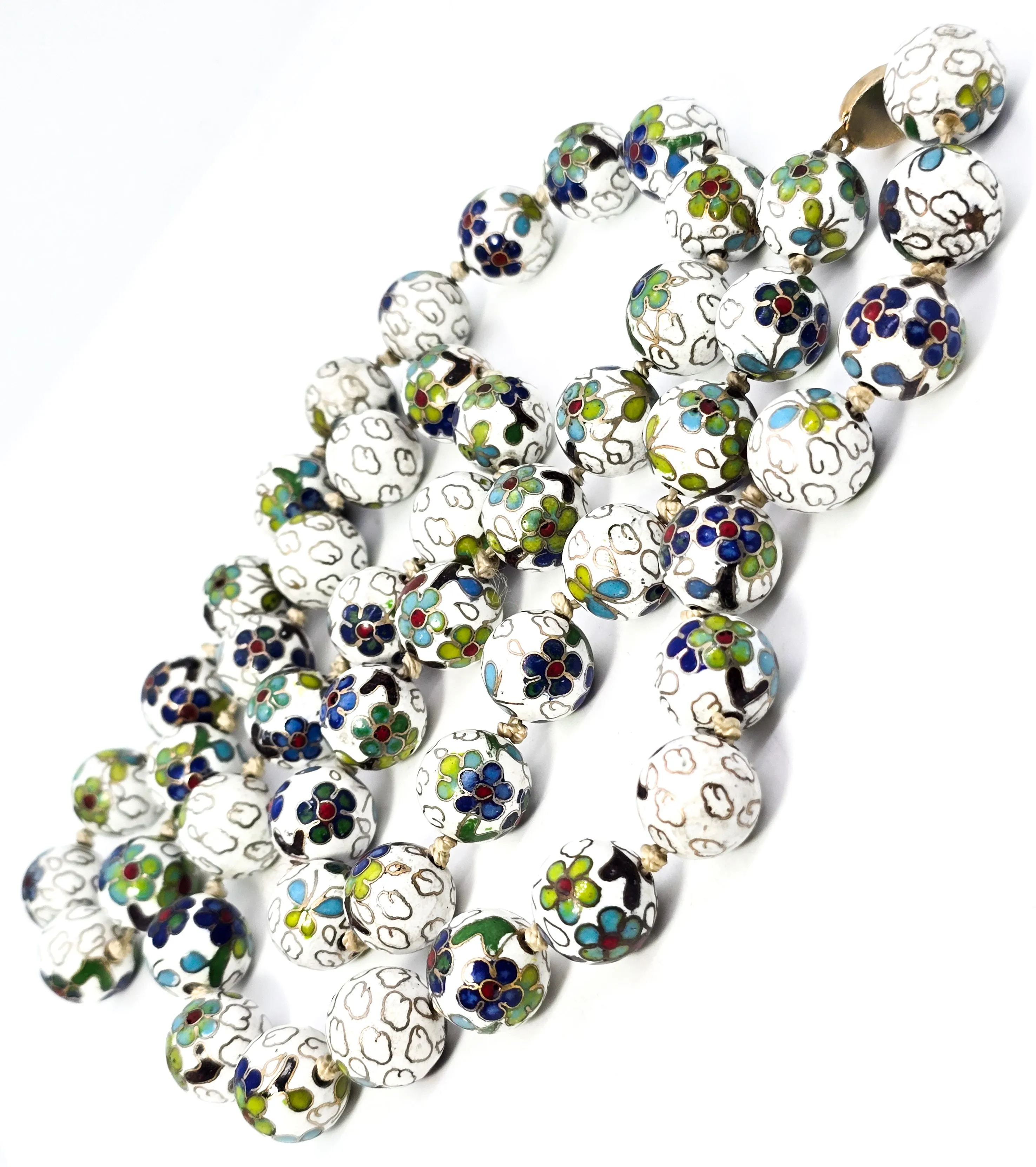 Chinese Cloisonne Enamel Knotted Floral Bead 36 inch filigree clasp Necklace