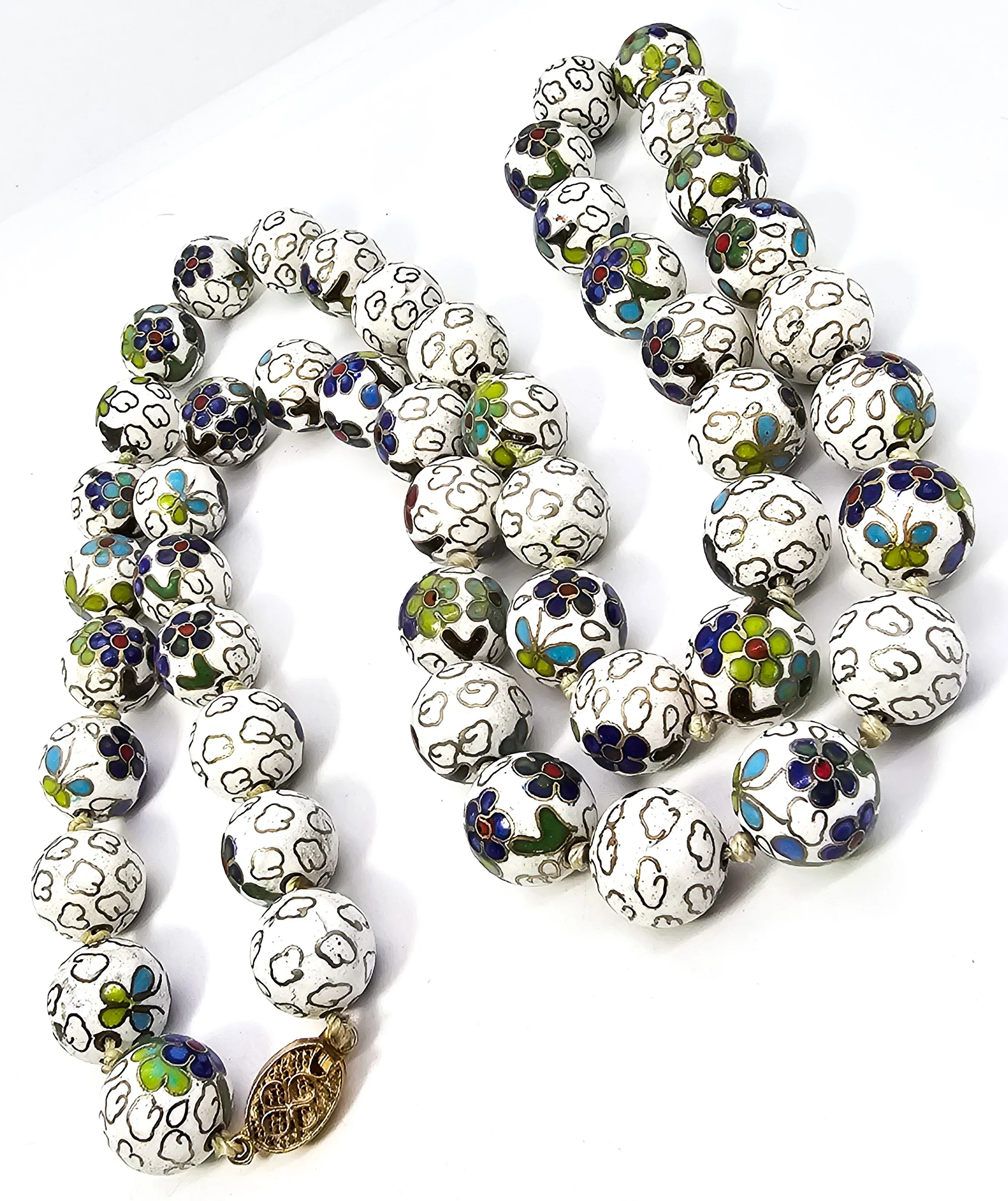 Chinese Cloisonne Enamel Knotted Floral Bead 36 inch filigree clasp Necklace
