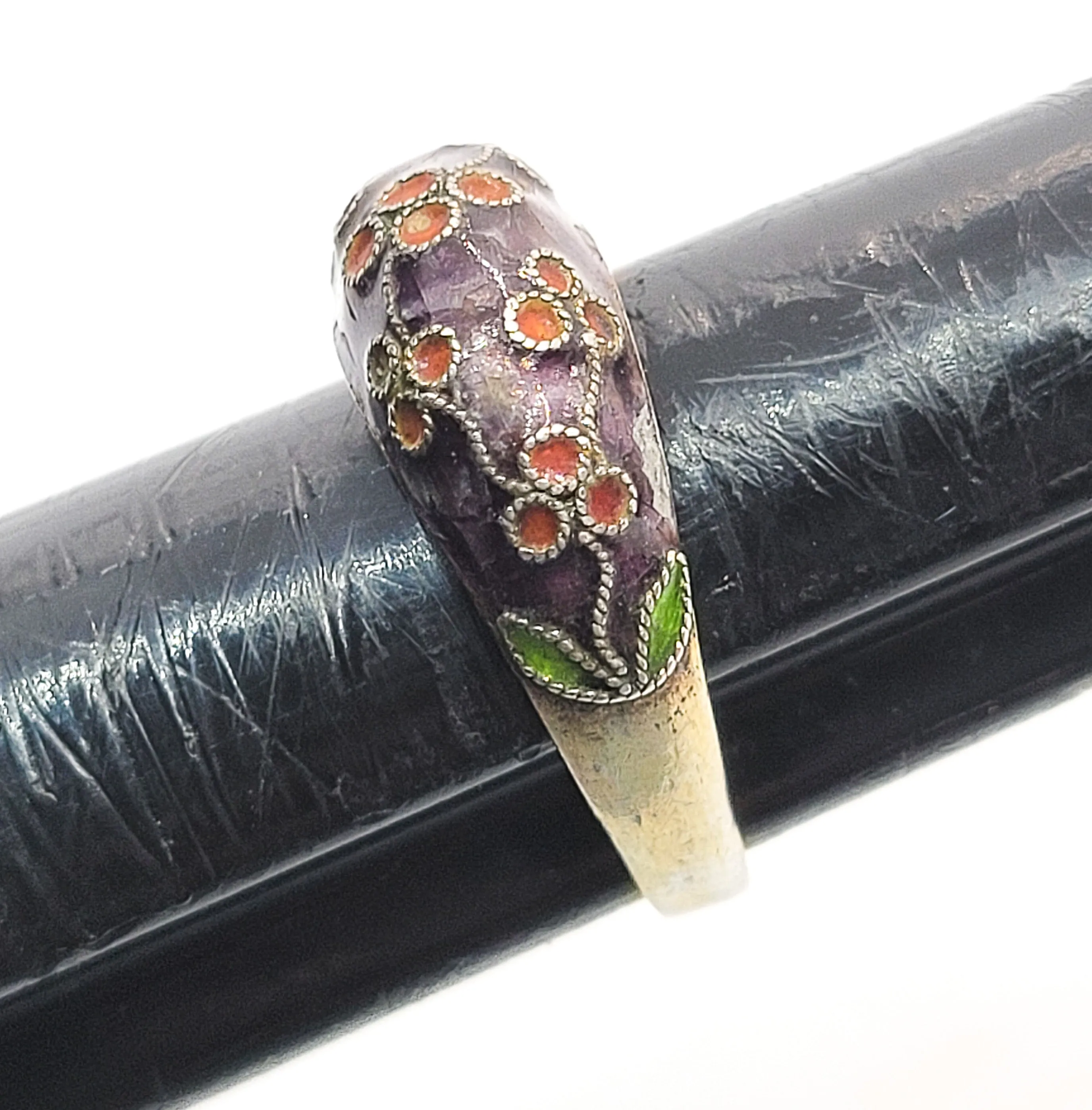 Chinese Export purple enamel and red flower vermeil gold over sterling vintage ring