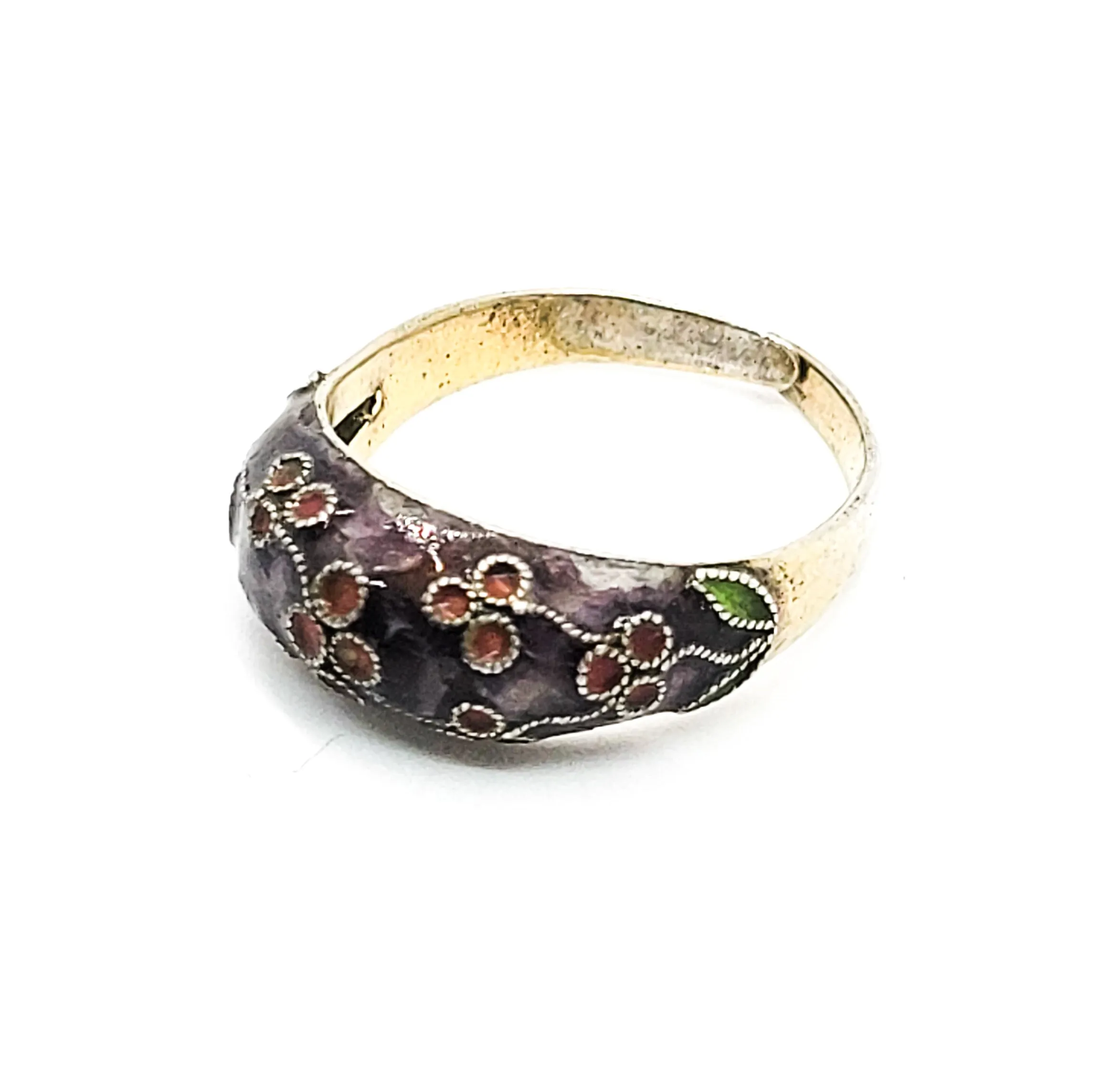 Chinese Export purple enamel and red flower vermeil gold over sterling vintage ring