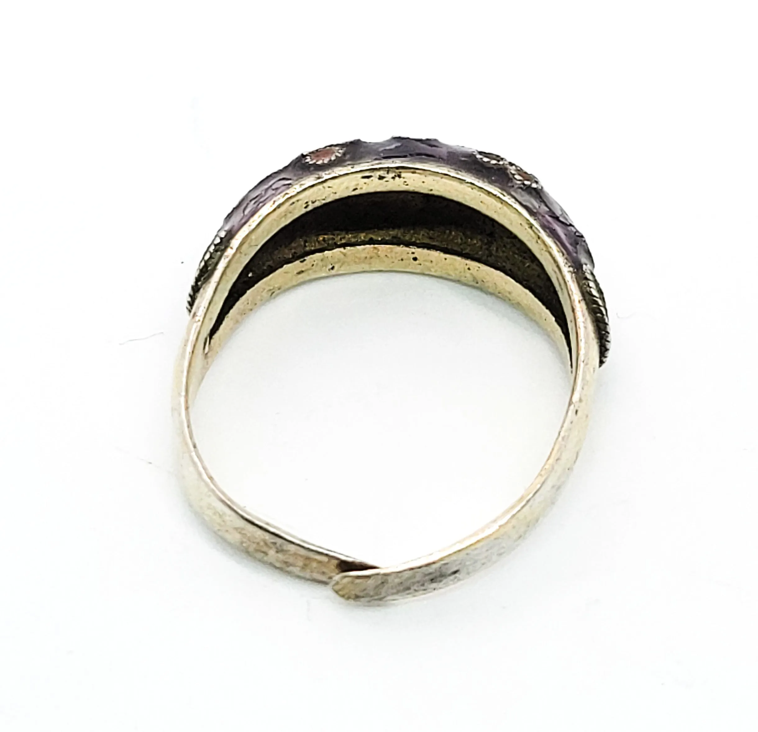 Chinese Export purple enamel and red flower vermeil gold over sterling vintage ring