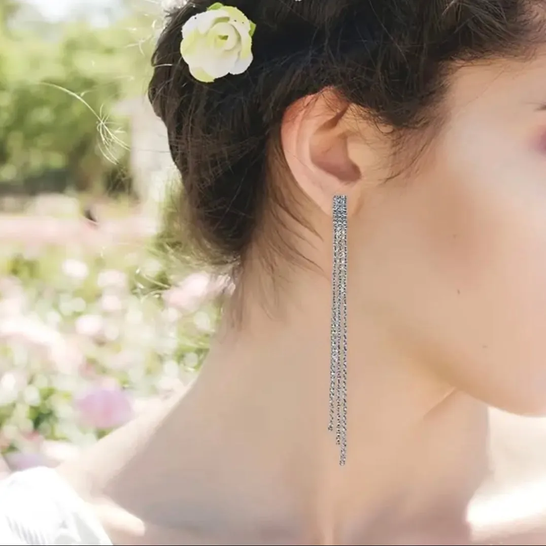 Clear Black Setting Tassel Earrings
