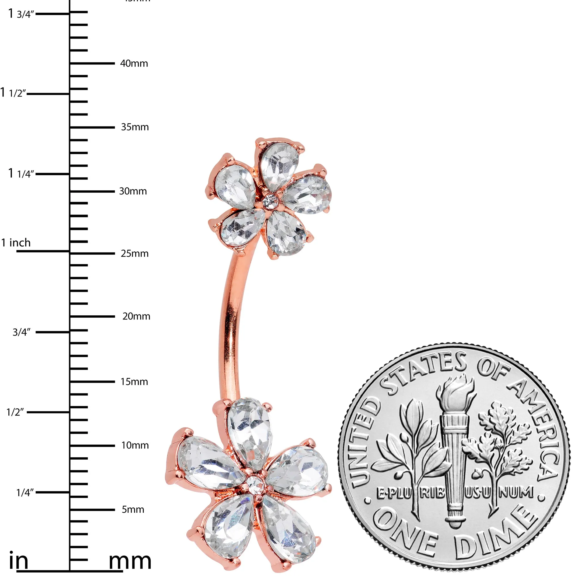 Clear Gem Rose Gold Tone Fabulous Flowers Double Mount Belly Ring