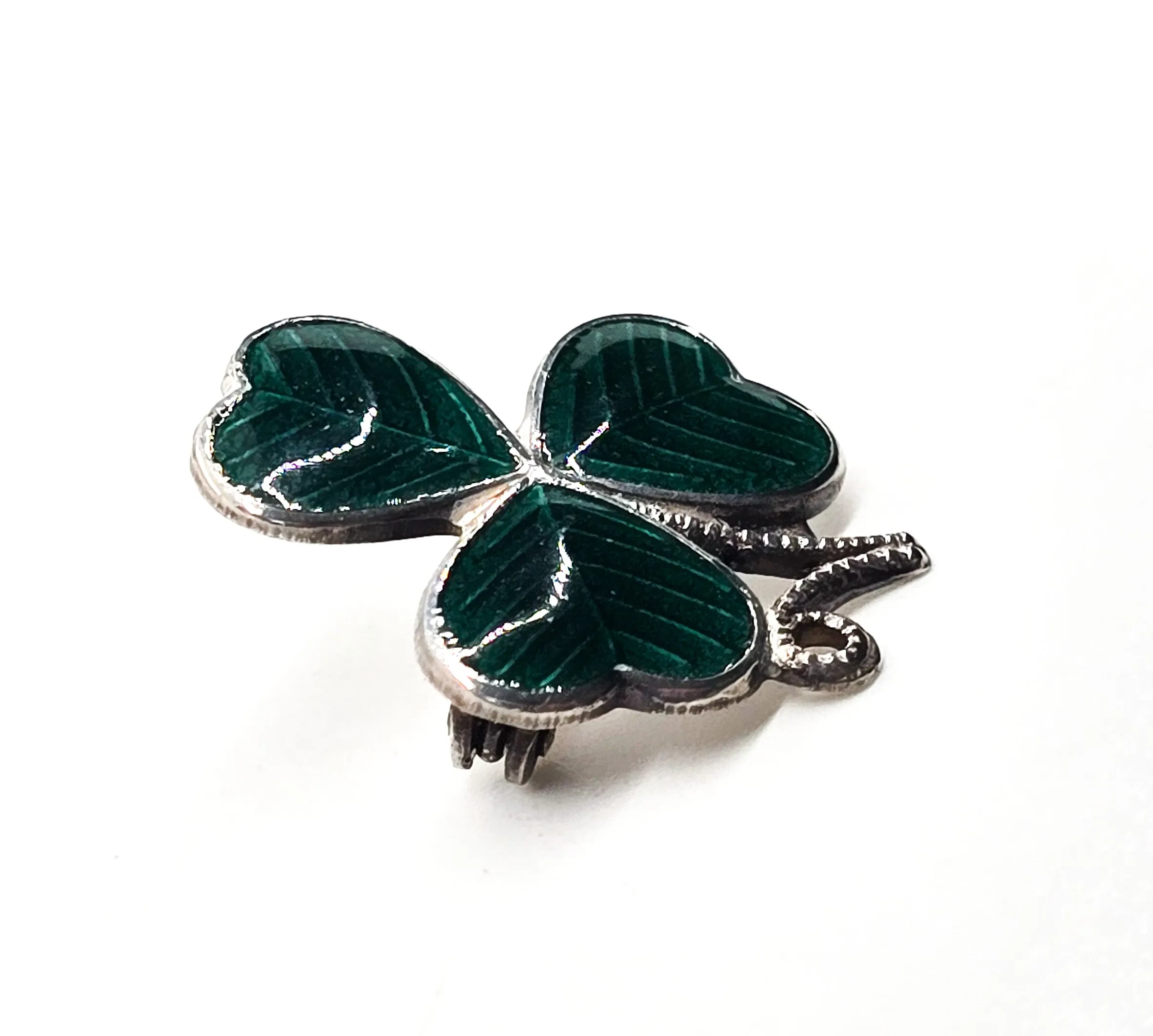 Clover Guilloche green enamel vintage Irish sterling silver brooch hallmarked