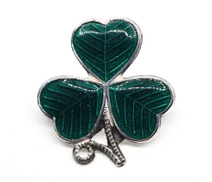 Clover Guilloche green enamel vintage Irish sterling silver brooch hallmarked
