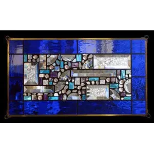Cobalt Blue-Water Glass Border Geometric Stained Glass Window Panel by Edel Byrne