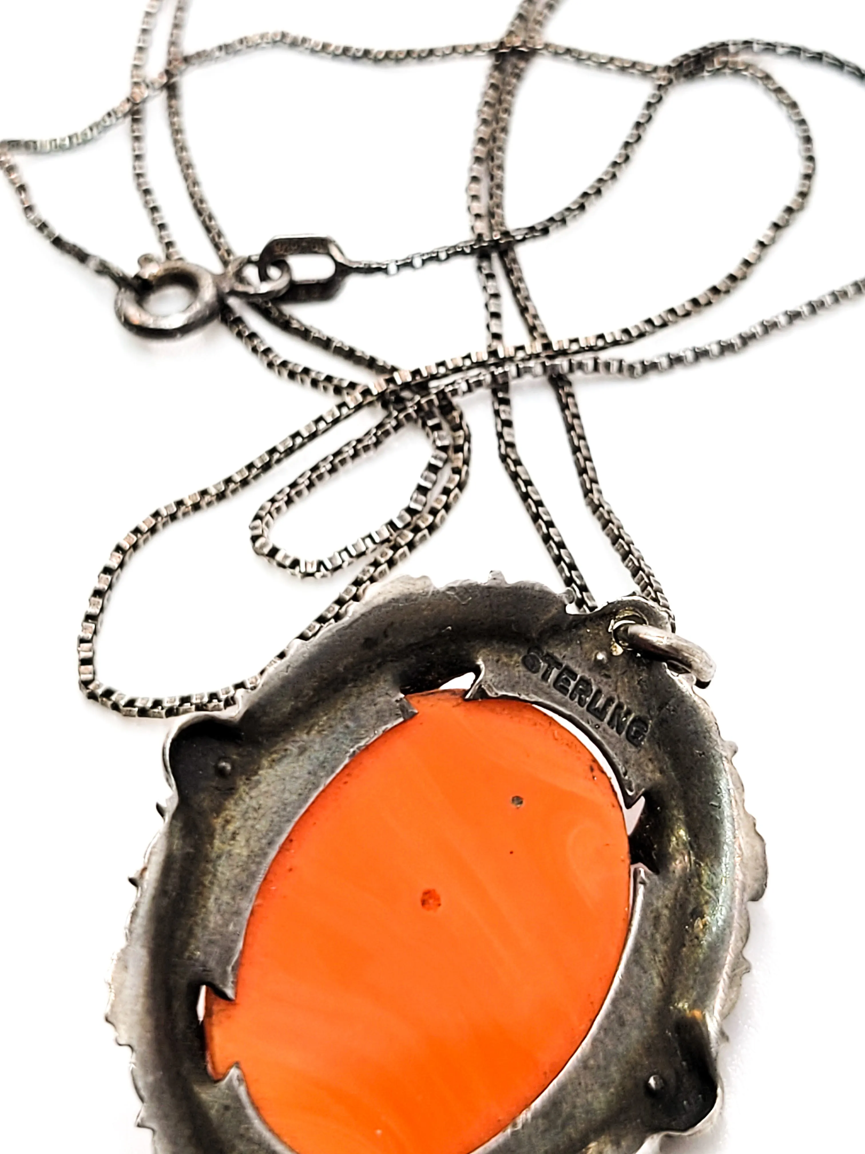 Coral Czech glass molded Cameo sterling silver marcasite enamel pendant necklace
