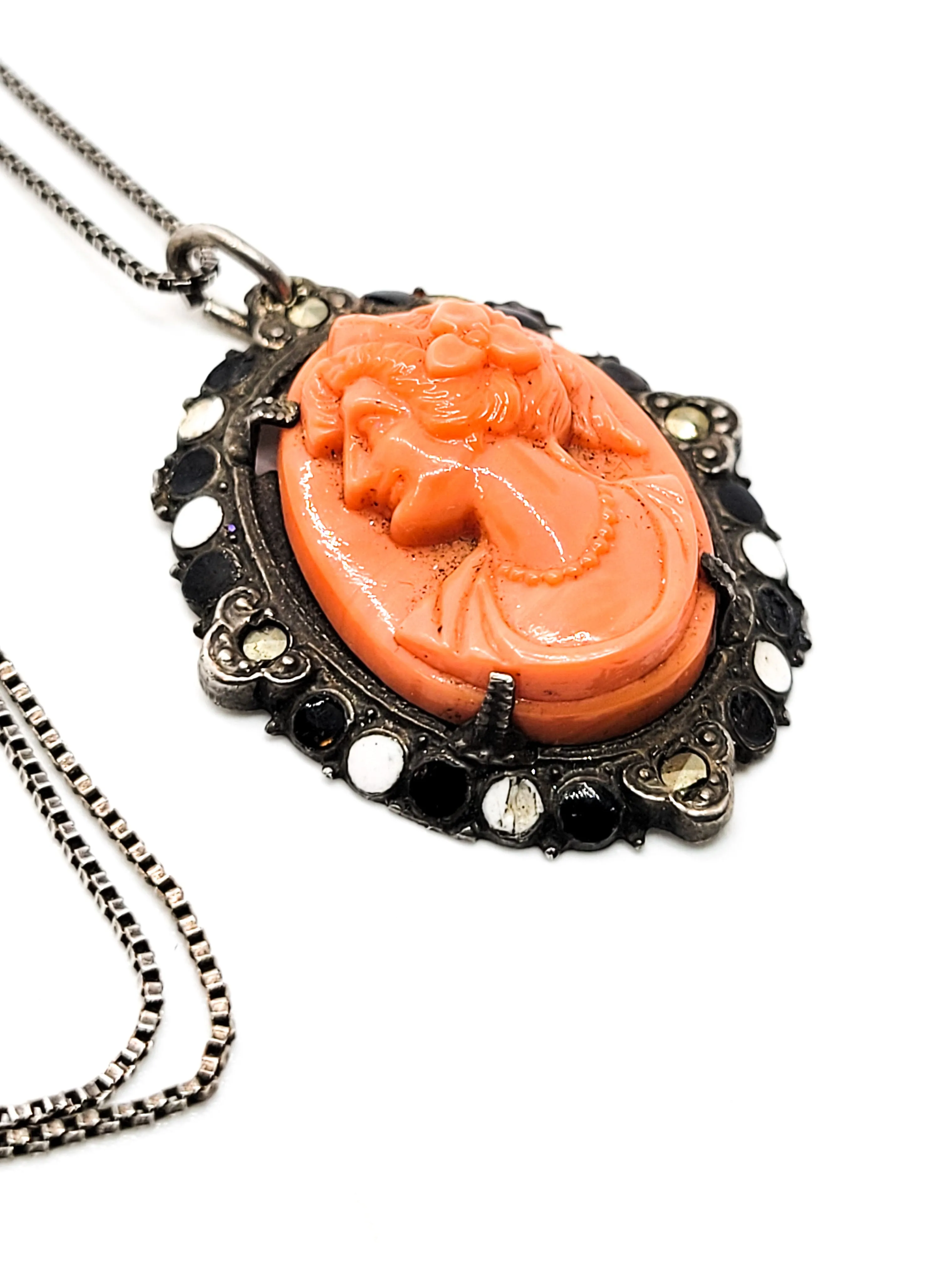 Coral Czech glass molded Cameo sterling silver marcasite enamel pendant necklace