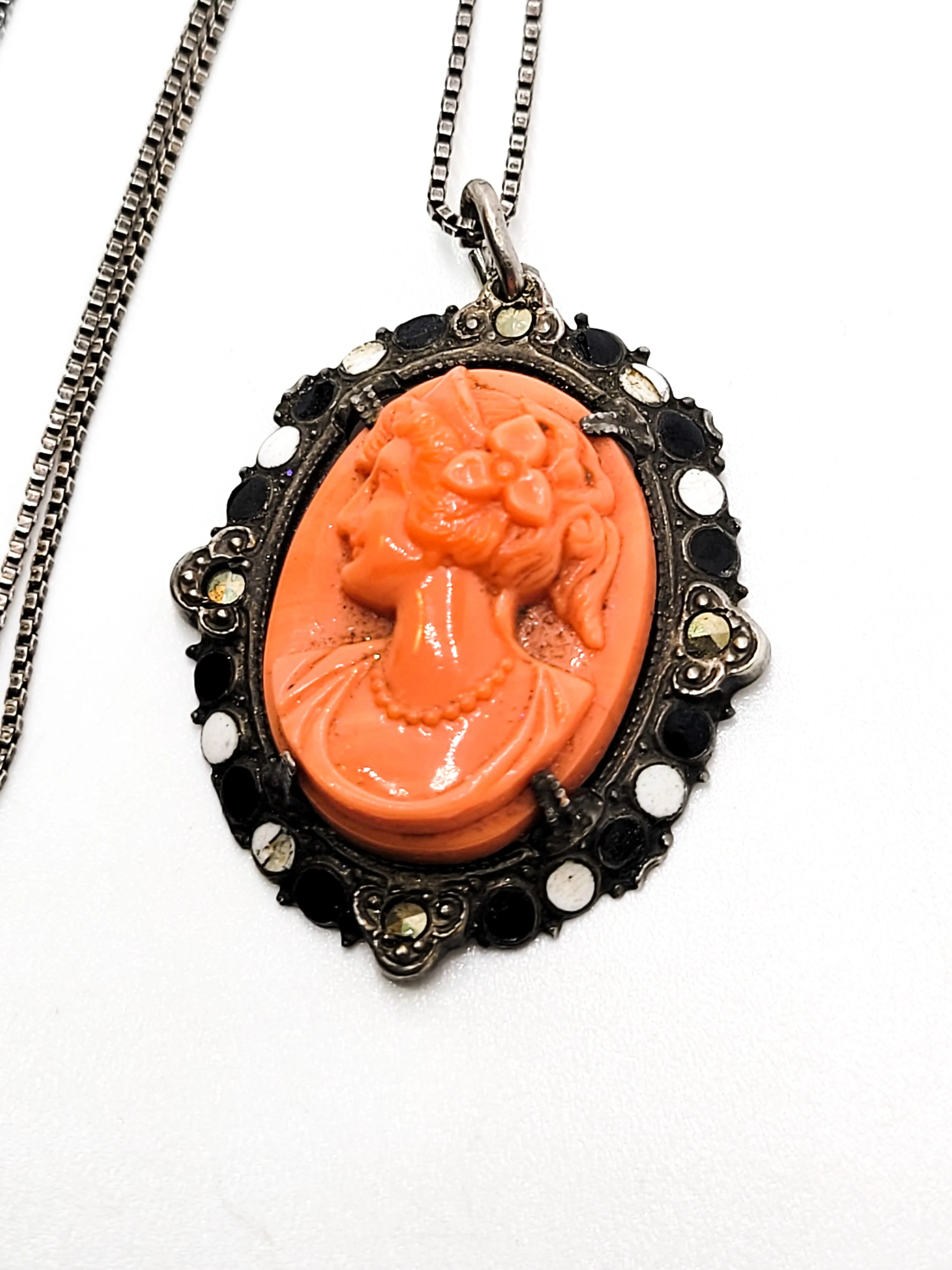 Coral Czech glass molded Cameo sterling silver marcasite enamel pendant necklace