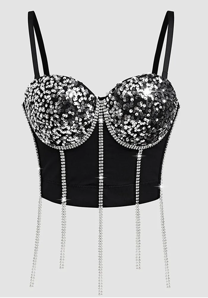 Dazzling Sequin Bustier Top with Glittering Tassel Details