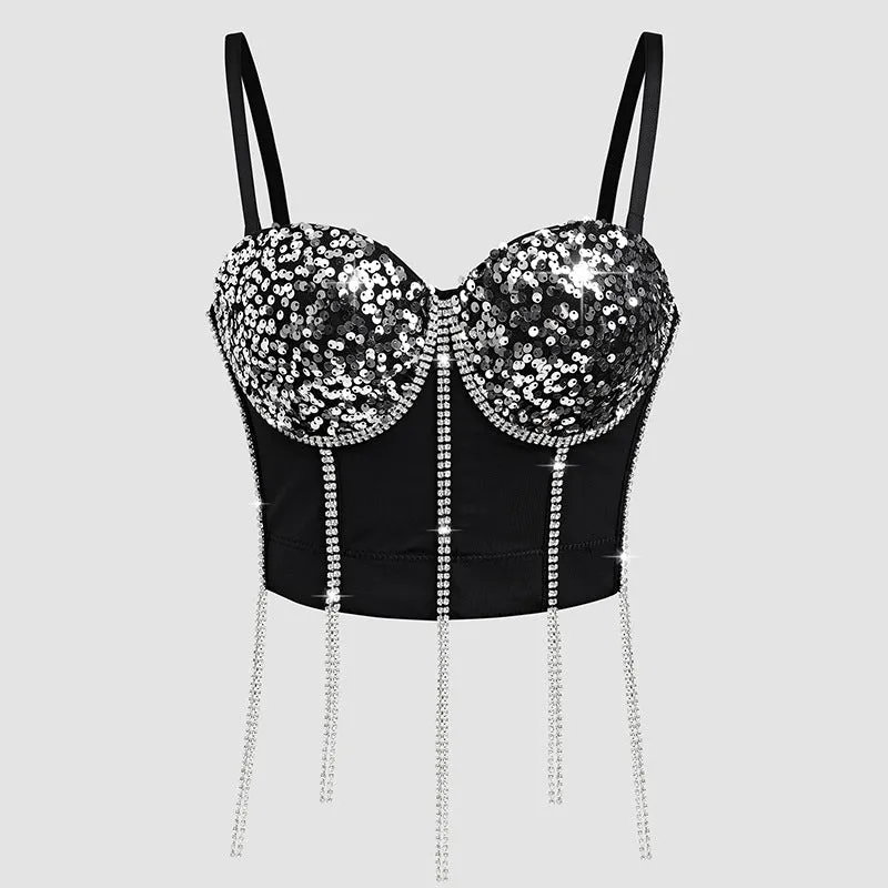 Dazzling Sequin Bustier Top with Glittering Tassel Details
