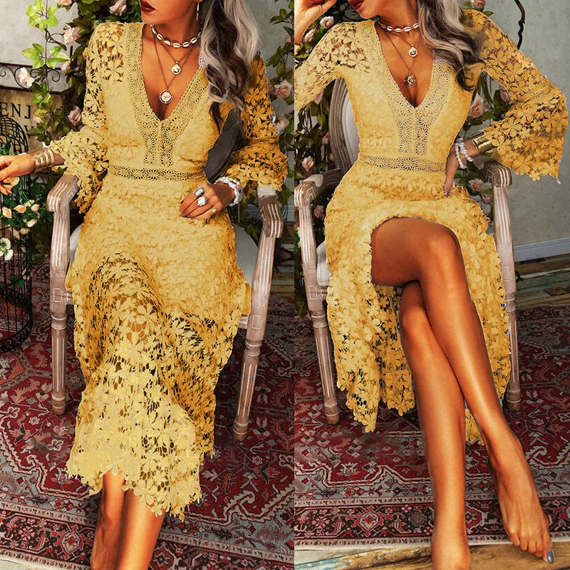 Elegant Long-Sleeve See-Through Lace V-Neck Midi Dress