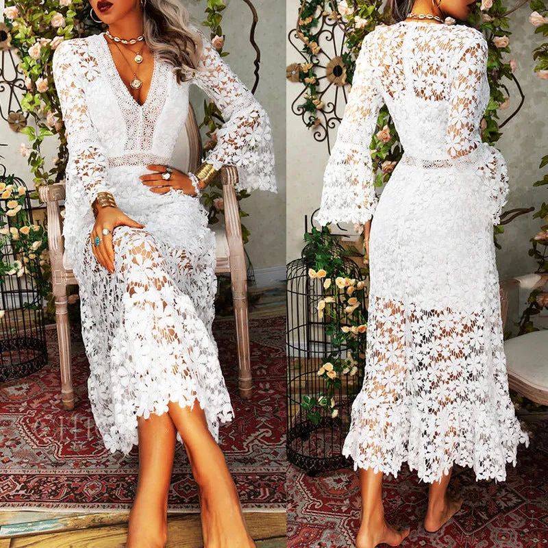 Elegant Long-Sleeve See-Through Lace V-Neck Midi Dress