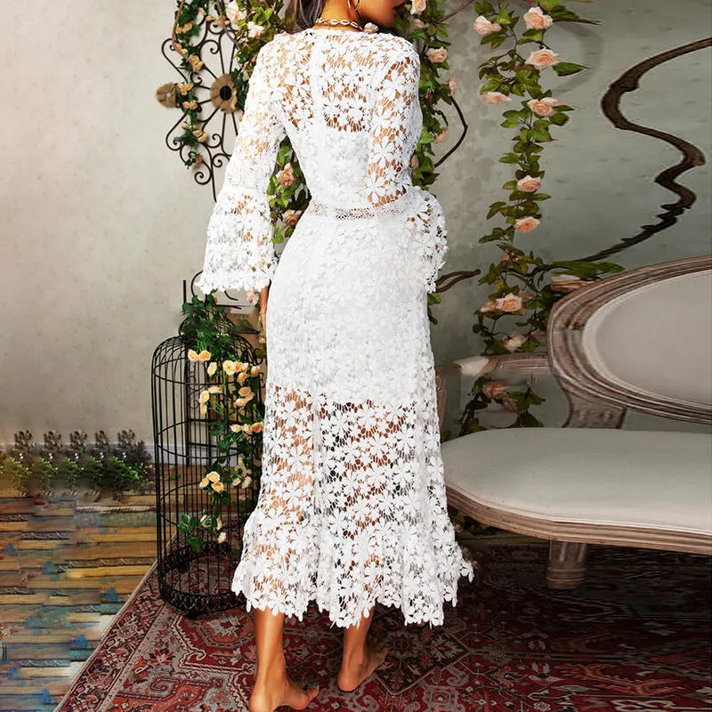 Elegant Long-Sleeve See-Through Lace V-Neck Midi Dress