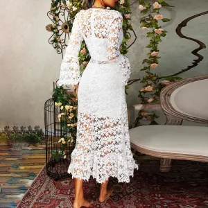 Elegant Long-Sleeve See-Through Lace V-Neck Midi Dress