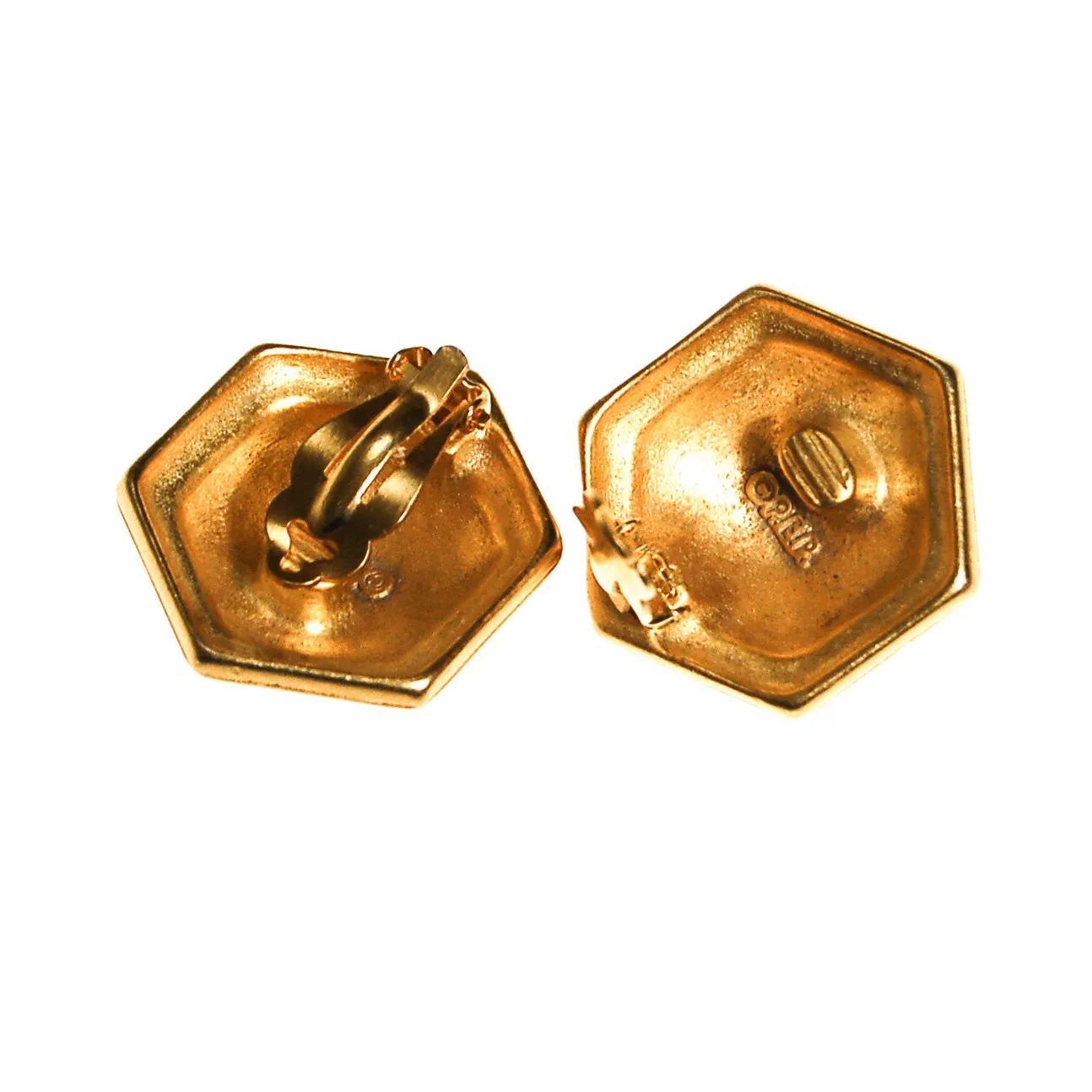 Erwin Pearl White and Gold Earrings, Hexagon, Clip On, 1980s, Designer Vintage Jewelry