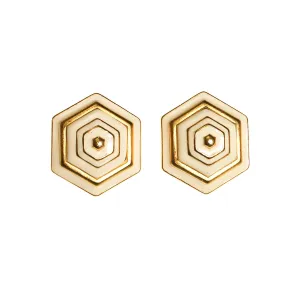 Erwin Pearl White and Gold Earrings, Hexagon, Clip On, 1980s, Designer Vintage Jewelry
