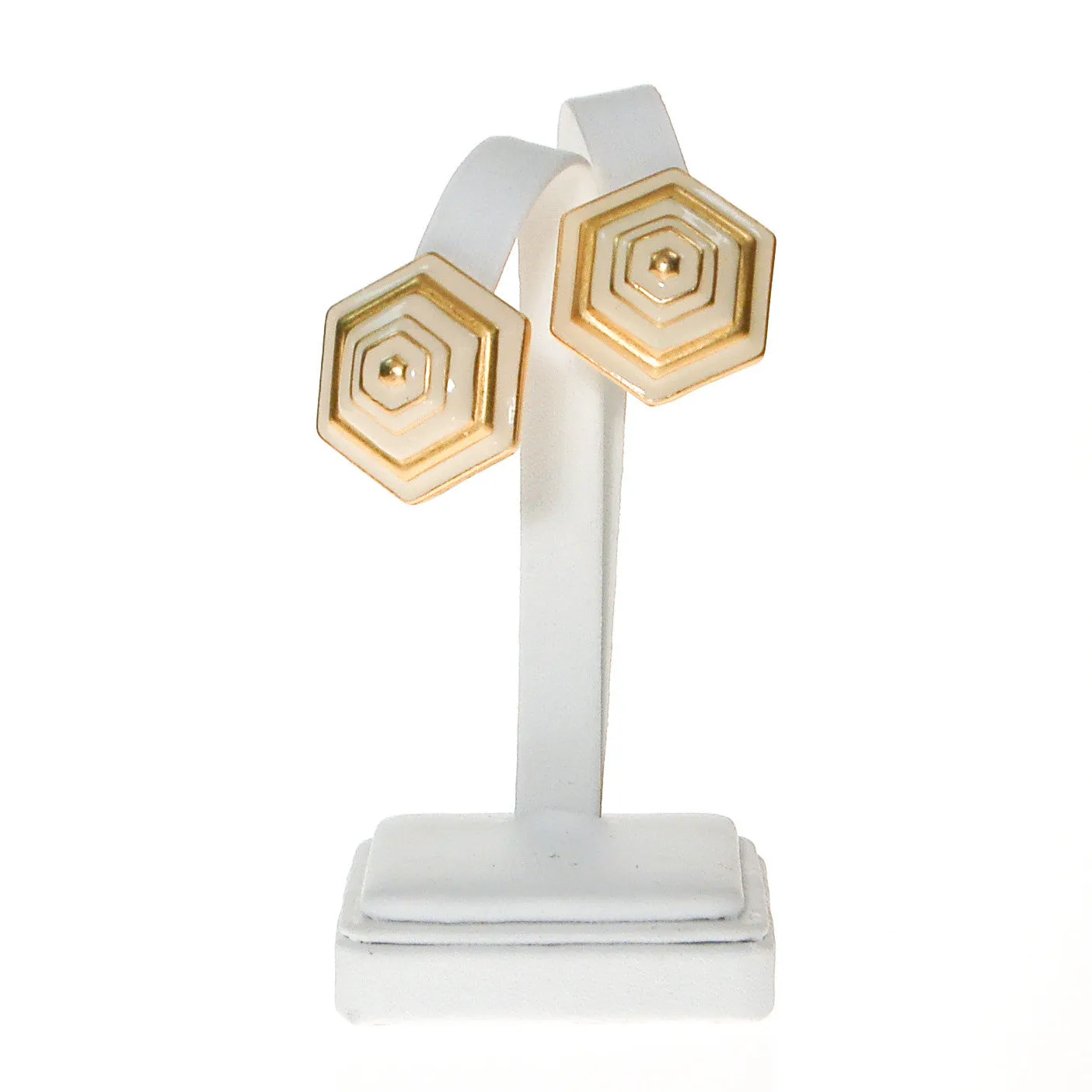 Erwin Pearl White and Gold Earrings, Hexagon, Clip On, 1980s, Designer Vintage Jewelry