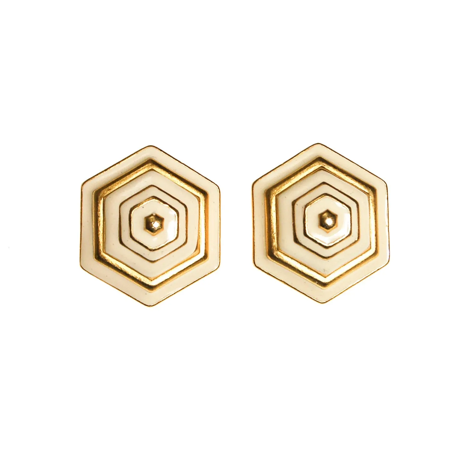 Erwin Pearl White and Gold Earrings, Hexagon, Clip On, 1980s, Designer Vintage Jewelry