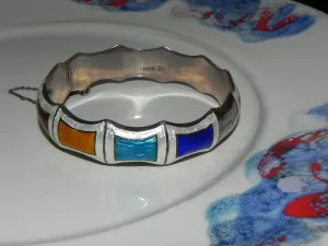 Estate Sterling Bracelet, Vintage Multi Colored Guilloche Enamel