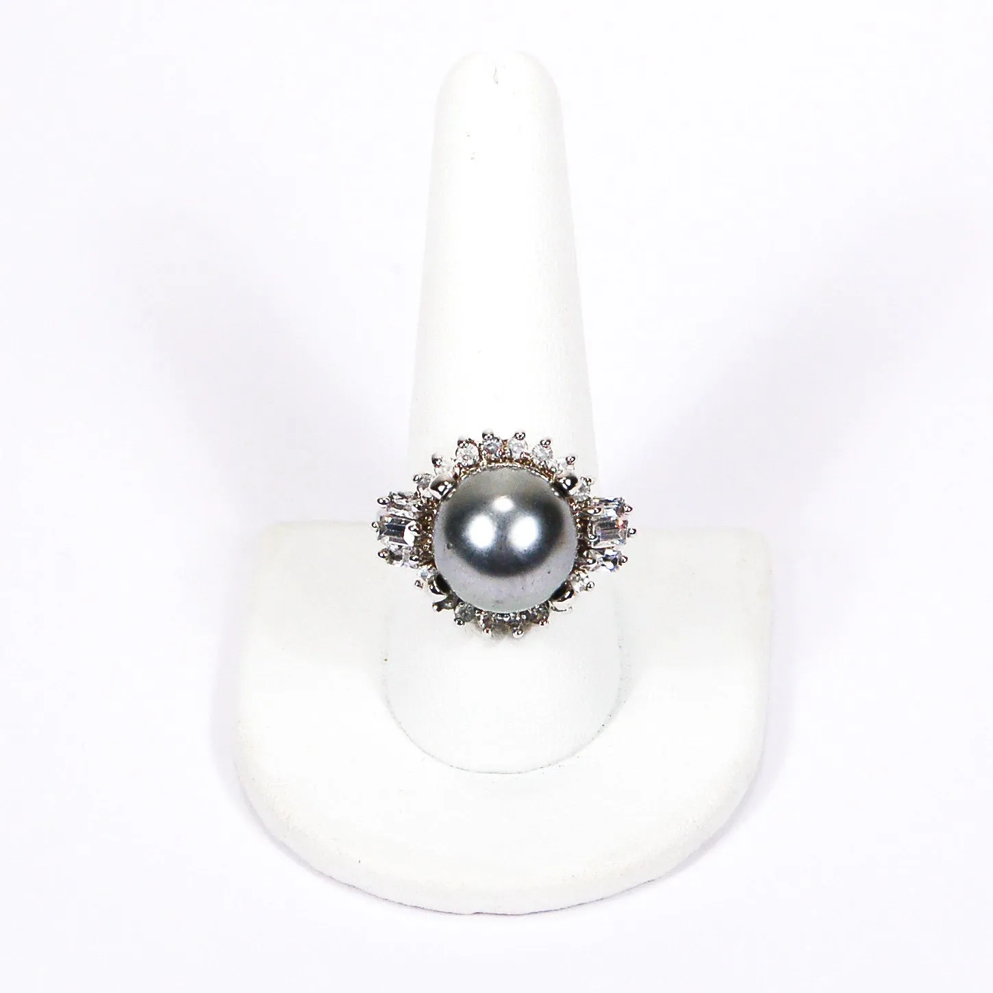 Faux Tahitian Pearl and CZ Cocktail Statement Ring