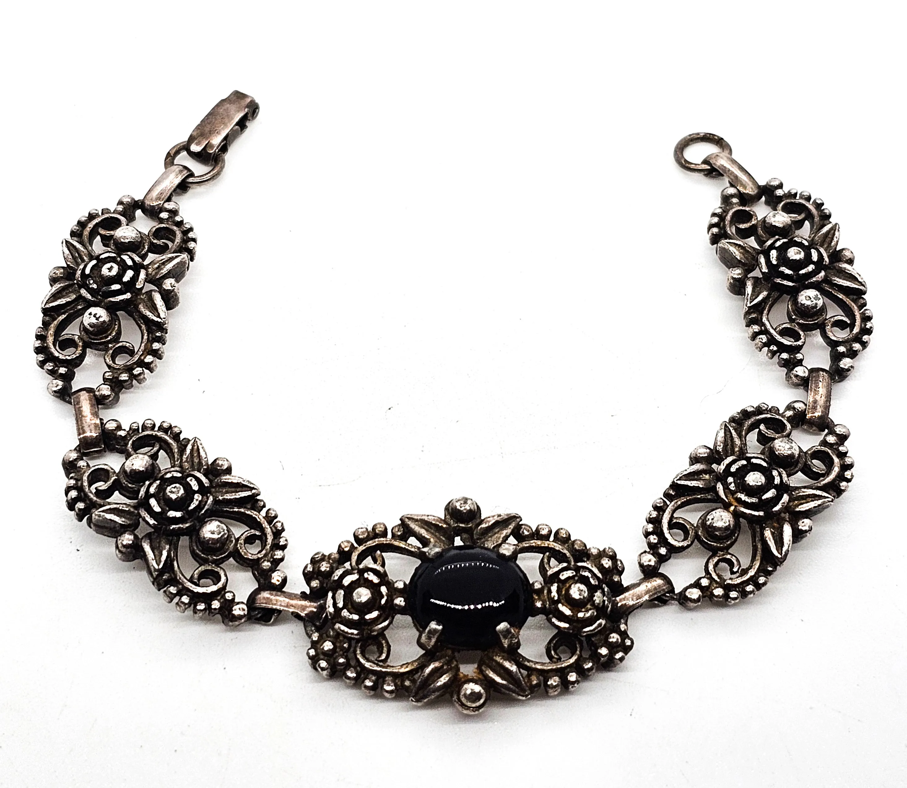 Filigree open work floral vintage panel bracelet with black stone accent
