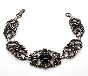 Filigree open work floral vintage panel bracelet with black stone accent