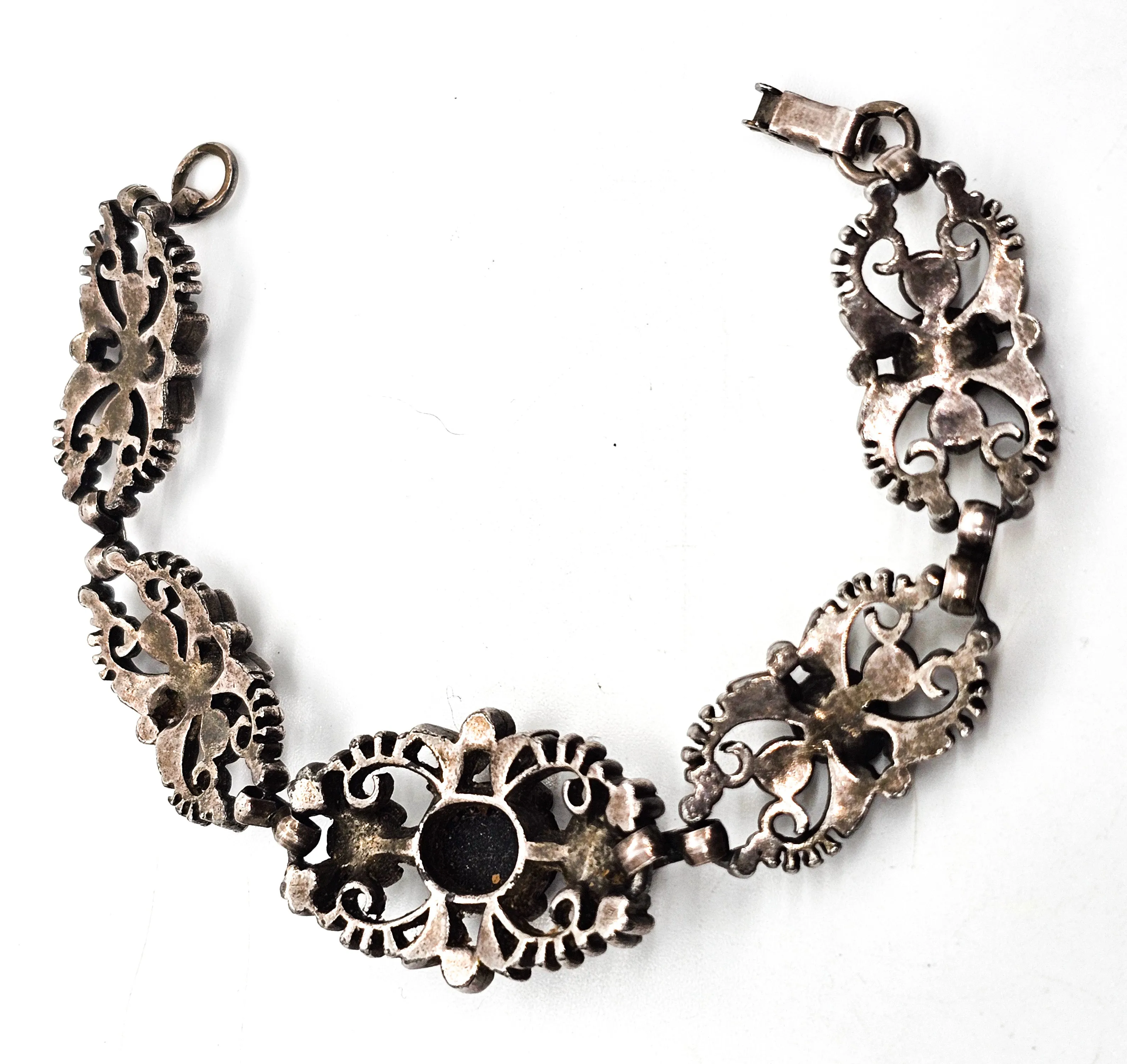 Filigree open work floral vintage panel bracelet with black stone accent